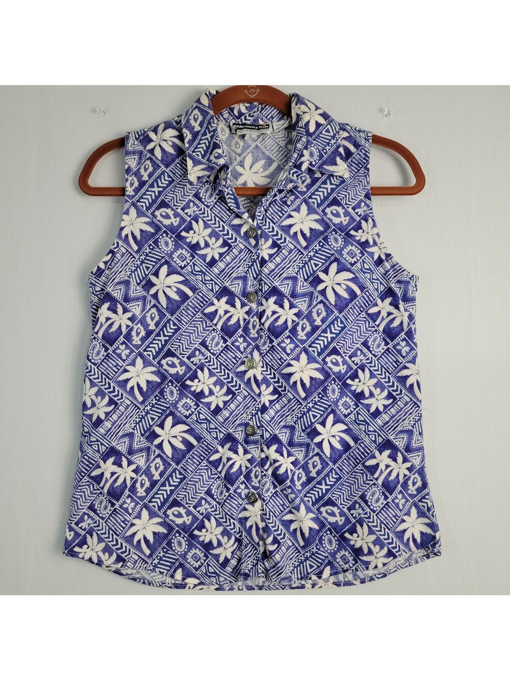Vintage 90s Sleeveless Button Up Western Wear top sz S Blue Palm Trees Vacation